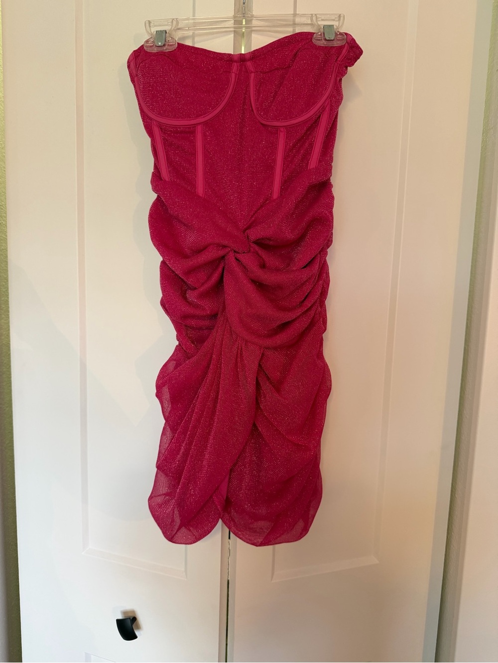 PrettyLittleThing Glitter Ruched Strapless Fuchsia Dress
